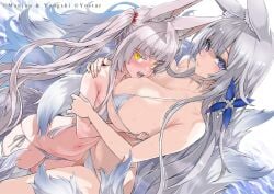 2girls alternate_costume animal_ears asanagi asanagi_(azur_lane) asanagi_(lulled_by_rough_seas)_(azur_lane) azur_lane bare_shoulders bikini blue_eyes blush breasts cleavage collarbone fox_ears fox_tail grabbing_another's_breast grey_hair groping hair_ornament huge_breasts light-skinned_female light_skin long_hair looking_at_viewer micro_bikini multiple_girls navel official_alternate_costume official_art open_mouth sakura_empire_(azur_lane) shinano_(azur_lane) sideboob small_breasts swimsuit tail thighs twintails underboob white_bikini yellow_eyes