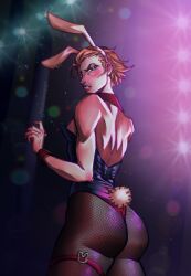 1girls 2d annoyed big_ass big_butt blackwatch_moira blizzard_entertainment blue_eyes bunny_suit clothed earrings female ginger_hair greying_hair heterochromia khmerklit large_ass looking_at_viewer looking_back moira moira_o'deorain old_woman older_female orange_hair overwatch overwatch_2 overwatch_archives p0cketpuppyz pale-skinned_female pale_skin playboy_bunny red_eyes short_hair skin_tight small_breasts solo thick video_games wrinkles