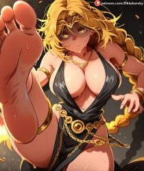 1girls ai_generated athletic_female blonde_female blonde_hair clothed_female dominant_female elden_ring female foot_focus large_breasts muscles oktobersky queen queen_marika_the_eternal shaded_face solo solo_female sweat yellow_eyes