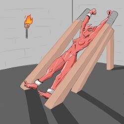 1:1 bondage bondage bound female hi_res kobold scalie solo torture_device torture_rack_(device)