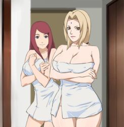 2girls arms_crossed bare_shoulders big_breasts blonde_hair blue_eyes breasts brown_eyes busty cleavage curvy edit female female_only human human_only indoors large_breasts long_hair milf multiple_females multiple_girls naruto naruto_shippuden red_hair redhead shoumaru_(gadget_box) smile smiling towel tsunade twintails uncensored uzumaki_kushina