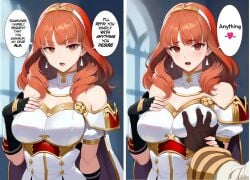 1boy 1girls 2koma ai_generated before_sex breast_grab breasts celica_(fire_emblem) dialogue english_text female fire_emblem fire_emblem_echoes:_shadows_of_valentia fire_emblem_heroes grabbing_another's_breast guided_breast_grab kiran_(fire_emblem) kiran_(fire_emblem)_(male) male pov princess red_hair royalty sex_for_favors teenage_girl teenager text tittyg-ai upper_body