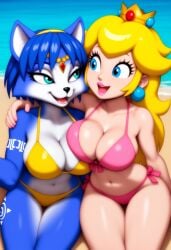 2girls ai_generated beach bikini blonde_hair breasts furry furry_female krystal large_breasts mario_(series) nintendo princess_peach star_fox