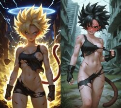 ai_generated battle_damage black black_eyes black_hair blonde_hair blue_eyes cleavage damaged_clothes female midriff navel nipple_slip one_breast_out saiyan saiyan_girl saiyan_tail shorts super_saiyan tank_top torn_clothes torn_clothing torn_shorts underboob