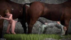 2animals 2girls 3d alicecry anarchy_reigns animal_genitalia areolae blonde_hair breasts cowgirl_position doggy_style elena_ivanova horse horsecock nipples outside partially_clothed penis sasha_ivanoff unseen_male_face vanquish white_hair zoophilia