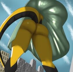 anthro ass big_butt black_body bottomless bottomless_female circe_(ruanshi) clothed clothing dress exposed faceless_character faceless_female female genitals hi_res low-angle_view pussy reptile ruanshi scalie snake solo spring_(season) sundress upskirt wind yellow_body