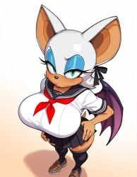 ai_generated annoyed_expression from_above furry furry_female green_eyes hair_ribbon hands_on_hips huge_breasts looking_at_viewer mobian_(species) rouge_the_bat school_uniform schoolgirl skirt sonic_(series) sonic_the_hedgehog_(series) stable_diffusion white_fur white_hair