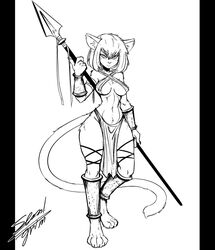 1girls amazon anthro anthrofied black_and_white black_nose cat cat_ears cat_humanoid cat_tail catgirl feline furry lewdygrim looking_at_viewer monochrome nipples original_character sem-l-grim short_hair simple_background spear tribal