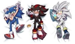 3boys alternate_version_available amber_eyes angry ass black_fur blue_fur blush bodypillow caked_up cum dakimakura dakimakura_design gloves green_eyes grey_body grey_fur heart-shaped_pupils hedgehog kosafordraw looking_at_viewer looking_back looking_back_at_viewer male male_only on_bed open_mouth pillow red_eyes saliva sega shadow_the_hedgehog silver_the_hedgehog sonic_(series) sonic_the_hedgehog tail tears tongue tongue_out trio