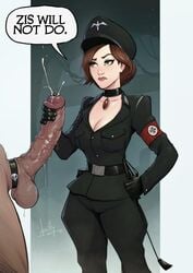 1boy 1girls big_penis brown_hair cleavage clothing commander cum cumshot devil_hs domination duo ejaculation english_text female femdom femdom_caption hair hat huge_cock large_penis long_penis male military_uniform penis ruined_orgasm speech_bubble straight text uniform vein veiny_penis