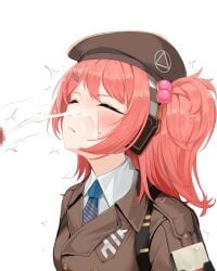 absurdres beret blue_necktie blush brown_hat brown_jacket censored cheeta_(girls'_frontline_2) cherry_hair_ornament closed_eyes closed_mouth collared_shirt commentary_request cum cum_on_body earmuffs ejaculation epaulettes facial female food-themed_hair_ornament girls'_frontline girls'_frontline_2:_exilium hair_ornament hairclip hat highres jacket long_sleeves medium_hair mosaic_censoring motion_lines mp7_(girls'_frontline) necktie one_side_up penis pink_hair projectile_cum shirt sidelocks simple_background surprised sweatdrop trembling twitching_penis white_background white_shirt yanagui_yugi yellow_eyes