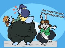 2girls anthro ass blue_fur blue_hair brown_hair buenos_dias_mandy bunny burger canine canine_humanoid emma_(fawxen) english_text fawxen female female_focus female_only furry grey_fur hips lagomorph lagomorph_humanoid large_ass lita_(fawxen) meme overweight overweight_female rabbit shortstack slapping_ass slapping_butt teasing text thick_thighs thighs wide_hips