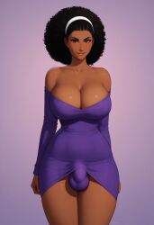 1futa 2d afro ai_generated aka6_(style) black_hair blondshell breasts brown_eyes bulge bulge_through_clothing civitai cleavage curvy dark-skinned_futanari dark_skin futa_only futanari hourglass_figure human human_only large_breasts long_sleeve_dress long_sleeves looking_at_viewer off-shoulder_dress panties purple_dress purple_panties sleeves slim_figure smile solo thick_thighs