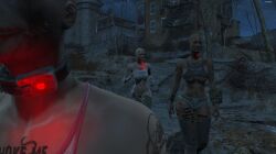 3d 3girls bald bald_female body_writing collar cutoff_shorts dark_skin dark_skinned_female deviousdesire fallout fallout_4 multiple_girls slave slave_collar slavegirl underboob