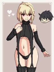 1boy 1girls ahoge arcueid_brunestud black_sweater black_thong blonde_hair breasts chibi curvy curvy_figure detached_sleeves large_breasts lingerie lingerie_panties melty_blood pixel_(artwork) pixel_art red_eyes seiko093 short_hair simple_background sweater thick_thighs thighhighs thighs thong tohno_shiki top_heavy tsukihime tsukihime_(remake) turtleneck_sweater underboob wide_hips