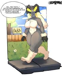 absurd_res anthro breasts dialogue featureless_breasts female fusion generation_1_pokemon generation_4_pokemon hi_res lopunny nintendo pokemon pokemon_(species) pokemon_fusion public public_nudity raichu raipunny remiman solo spanish_text text thick_thighs val_lovelight