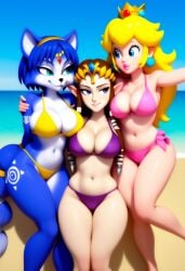 3girls ai_generated beach bikini blonde_hair breasts brown_hair furry furry_female krystal large_breasts mario_(series) nintendo princess_peach princess_zelda star_fox the_legend_of_zelda the_legend_of_zelda:_twilight_princess