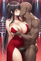 1man ai_generated bald big_breasts big_cleavage big_dick black_hair darkskin_man elegant_long_dress female groping_breasts hime_cute kissing long_hair naked red_dress shy_expression sonderv stage