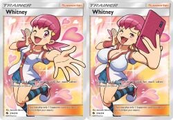 1girls alternate_breast_size before_and_after bimbo bimbofication breast_expansion bursting_breasts cleavage clothing earrings edit edited_official_artwork electronics english_text female huge_breasts human jewelry nail_polish naughty_face pale_skin phone pink_hair pink_nails pokemon pokemon_card pokemon_gsc pokemon_tcg selfie sutton184_edits taking_picture text third-party_edit tongue tongue_out tongue_piercing trading_card white_shirt whitney_(pokemon) wink