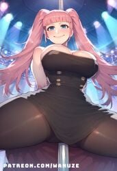 ai_generated big_ass big_breasts big_butt big_thighs black_dress blue_eyes blush fire_emblem:_three_houses hilda_valentine_goneril huge_ass huge_breasts huge_butt huge_thighs kneeling pantyhose pink_hair pole pole_dancing twintails wanuze wide_hips