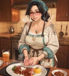 ai_generated alma_(monster_hunter_wilds) apron big_breasts black_hair blush blush_lines brown_eyes capcom cock_out cum cum_dripping_from_penis cum_fetish cum_in_food cum_on_food cumming_on_food cute eogard_orc food futa_only futa_sans_pussy futanari glasses hand_on_penis heavy_breathing huge_cock kitchen milking_cum monster_hunter monster_hunter_wilds penis_milking pubic_hair self_upload stable_diffusion steamy thick_thighs video_game_character