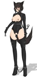 animal_ears ball_gag black_hair blush bondage bondage bound breasts brown_eyes clitoris_piercing female gag gagged gatling_raid harness highres leash nipple_piercing nipples original piercing pussy revealing_clothes saliva short_hair solo straitjacket tail uncensored