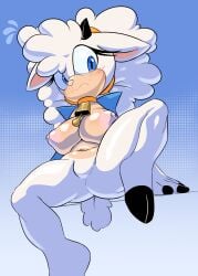 absurd_res anthro archie_comics areolae bell bell_collar big_breasts big_hair black_horn blue_background blue_clothing blue_eyes blue_sclera blue_topwear blue_vest blush blush_lines bottomless bovid breasts caprine clothed clothing collar cosplay ears_down eyelashes featureless_crotch female front_view fur head_tuft hi_res hooves horn idw_publishing lanolin_the_sheep mammal navel nipples null_abyss open_clothing open_topwear pink_areola pink_nipples pink_nose pivoted_ears sally_acorn sally_acorn_(cosplay) sega sheep simple_background sitting solo sonic_(series) sonic_the_hedgehog_(archie) sonic_the_hedgehog_(comics) sonic_the_hedgehog_(idw) sonic_the_hedgehog_(series) spread_legs spreading tan_body tan_fur thick_thighs topwear tuft vest white_body white_fur white_hair wide_hips