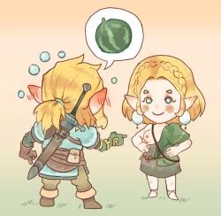 1boy 1girls archaic_tunic blonde_hair blush chibi elf_ears hi_res link link_(tears_of_the_kingdom) nerokirami nintendo nipple one_breast_out outdoors ponytail princess_zelda short_hair sweat sweatdrop sword tears_of_the_kingdom the_legend_of_zelda zelda_(tears_of_the_kingdom) zelda_protagonista