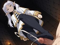 ai_generated censored cum elf elf_ears footjob frieren green_eyes human/elf human_male/elf_female long_hair silver_hair smile sousou_no_frieren twintails