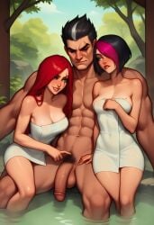 ai_generated darius_(league_of_legends) ffm_threesome fiora_laurent katarina_du_couteau muscular_male onsen seductive_look threesome towel