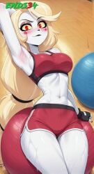 ai_generated armpits blonde_hair charlie_morningstar_(hazbin_hotel) dolphin_shorts ends34 female female_focus female_only fit_female hazbin_hotel long_hair medium_breasts red_shorts red_sports_bra shorts sports_bra sports_shorts sports_uniform sportswear wet