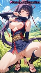 1girls 2025 ai_generated akatsuki_(log_horizon) bangs bare_shoulders black_sleeves blush breasts closed_mouth detached_sleeves feet hi_res highres japanese_clothes log_horizon long_hair looking_at_viewer natsuyoru ninja nipples no_panties obi one_eye_closed outdoors patreon ponytail purple_eyes purple_hair pussy red_ribbon ribbon sandals sash scarf sleeveless smile solo squatting thighs toes vagina very_long_hair voluptuous voluptuous_female