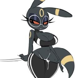 1:1 2024 anthro big_breasts black_body black_fur bodily_fluids bottomwear breasts cleavage clothed clothing cum cum_in_clothing cum_in_pants cum_on_pussy digital_media_(artwork) eeveelution eyelashes eyeshadow eyewear female fur fur_markings generation_2_pokemon genital_fluids glasses hi_res makeup mammal markings nelljoestar nintendo open_mouth outline pants pokemon pokemon_(species) red_sclera shirt simple_background solo tail tail_markings tank_top teeth thick_thighs topwear umbreon wet wet_clothing white_background wide_hips yellow_body yellow_fur