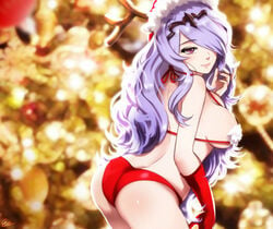 camilla_(fire_emblem) christmas_hat christmas_outfit deer deer_antlers fire_emblem fire_emblem_fates fire_emblem_heroes fire_emblem_if functionally_nude gloves horns large_breasts long_hair nail_polish purple_eyes purple_hair red_underwear simple_background smile string_bra