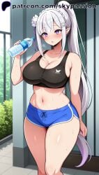 1female 1girls 1woman 2025 2d ai_generated alternate_costume anime anime_girl anime_style arstist_name bare_shoulders black_sports_bra blue_shorts blush bottle bra braid breasts cleavage collarbone crown_braid dolphin_shorts elf emilia_(re:zero) female female_focus female_only flower grey_hair gym_uniform hair_flower hair_ornament hair_ribbon hi_res high_quality high_resolution highres holding holding_bottle large_breasts long_hair midriff navel open_mouth parted_lips patreon patreon_username pointy_ears ponytail purple_eyes purple_ribbon re:zero_kara_hajimeru_isekai_seikatsu ribbon short_shorts shorts skypassion solo solo_focus sports_bra stable_diffision standing stomach sweat thighs very_long_hair water_bottle watermark white_flower white_hair woman woman_focus x_hair_ornament