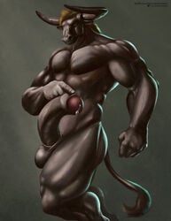 balls big_penis blonde_hair bovid bovine brown_balls brown_penis cattle glans greek_mythology hair hi_res horn humanoid_penis male male_only mammal minotaur muscular muscular_male mythology penis pink_glans precum satanic_monkey uncut