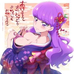 1girls ai_generated blush bra breasts cure_macaron earrings female hi_res kimono kirakira_precure_a_la_mode kotozume_yukari lipstick looking_at_viewer nipples pose precure pretty_cure purple_eyes purple_hair ramen1919 rear_view seductive smile solo