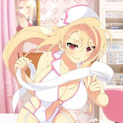 big_breasts blonde_hair nurse_uniform red_eyes senran_kagura solo souji_(senran_kagura) yaegashi_nan