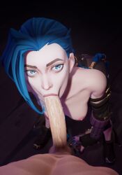 1boy 1girls 3d blue_eyes blue_hair breasts erection fellatio female jinx_(league_of_legends) league_of_legends male nipples oral oral_sex penis riot_games shibarademu small_breasts