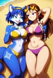 2girls ai_generated beach bikini breasts brown_hair furry furry_female krystal large_breasts nintendo princess_zelda star_fox the_legend_of_zelda the_legend_of_zelda:_twilight_princess