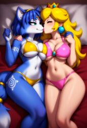 2girls ai_generated bed bikini blonde_hair breasts furry furry_female kissing krystal large_breasts mario_(series) nintendo princess_peach star_fox