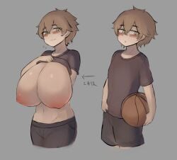 1boy blush busty_boy male_with_breasts open_mouth oppai_shota pittori shirt_lift simple_background smile tagme tomboy