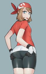 ass ass_grab bandana big_ass bike_shorts blue_eyes brown_hair female game_freak gloves grabbing_own_ass grey_background groping high_resolution human looking_at_viewer looking_back may_(pokemon) nintendo pantylines pokemon pokemon_rse red_bandana short_hair short_sleeves small_breasts solo spandex spats tenguro thighs tongue tongue_out