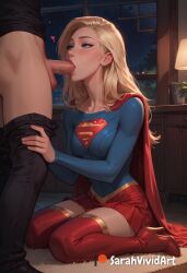 1boy 1girls ai_generated blonde_hair blowjob blue_eyes blush cock_worship dc dc_comics fellatio female female_focus from_below indoors inside kara_danvers kara_zor-el karen_starr kneeling long_hair looking_up oral sarahvividart seductive shiny_skin standing sucking sucking_penis supergirl superheroine superman_(series)