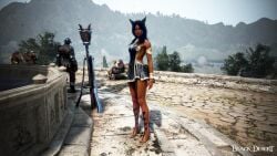 3d arab_female arabian_female bdo beurette black_desert black_desert_online black_dress black_hair commentary_request dark-skinned_female dog_ears exposed game_screenshot heels irl_character short_dress yourbdoslave