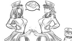 1boy 2girls frottage futanari hands_on_hips handshake hat intersex long_hair looking_at_another maji-pan monochrome multiple_girls multiple_penises penis penis_size_comparison penises_touching sailor_hat skirt smile speech_bubble sweat uniform