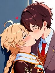 aether ai_generated blonde_hair brown_hair crossover doki_doki_literature_club genshin_impact kissing mc_(doki_doki_literature_club!) yaoi