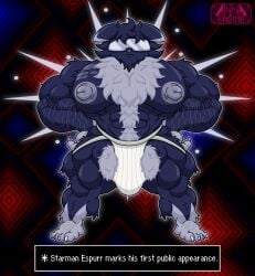 abs abstract_background absurd_res annaengine anthro arm_hair arm_tuft balls barazoku barefoot biceps big_balls big_bulge big_muscles big_pecs blue_body blue_fur body_hair bulge butt_hair cheek_tuft chest_hair chest_tattoo chest_tuft claws clothed clothing crossover digital_drawing_(artwork) digital_media_(artwork) ear_markings earthbound_(series) english_text espurr eyewear facial_tuft fan_character feet felid feline fluffy fluffy_balls fluffy_chest front_view fur fur_markings fusion generation_6_pokemon genitals glasses glowing glowing_body grey_nipples hair hands_on_hips happy_trail head_tuft hi_res huge_muscles huge_pecs humanoid_genitalia ineffective_clothing jockstrap jockstrap_only leg_tuft male mammal markings multicolored_body multicolored_fur muscular muscular_anthro muscular_arms muscular_legs muscular_male muscular_thighs nintendo nipples nude pecs penis pokemon pokemon_(species) pose psychic psychic_energy psychic_powers pubes serious shoulder_tuft solo spread_legs spreading standing starman sunglasses tattoo text text_box tight_clothing toe_claws topless tuft two_tone_body two_tone_fur underwear underwear_only visor white_body white_body_hair white_fur white_hair white_pubes