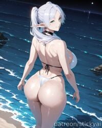 ai_generated beach elf elf_ears fat_ass frieren frieren_beyond_journey&#039;s_end grey_hair night ocean sand sousou_no_frieren