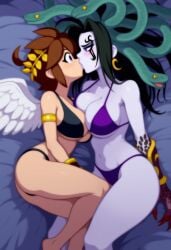 2girls ai_generated angel angel_wings bed_sheet bikini black_hair breasts brown_hair genderswap_(mtf) kid_icarus kissing medusa_(kid_icarus) nintendo pale_skin pit_(kid_icarus) purple_bikini rule_63 yuri